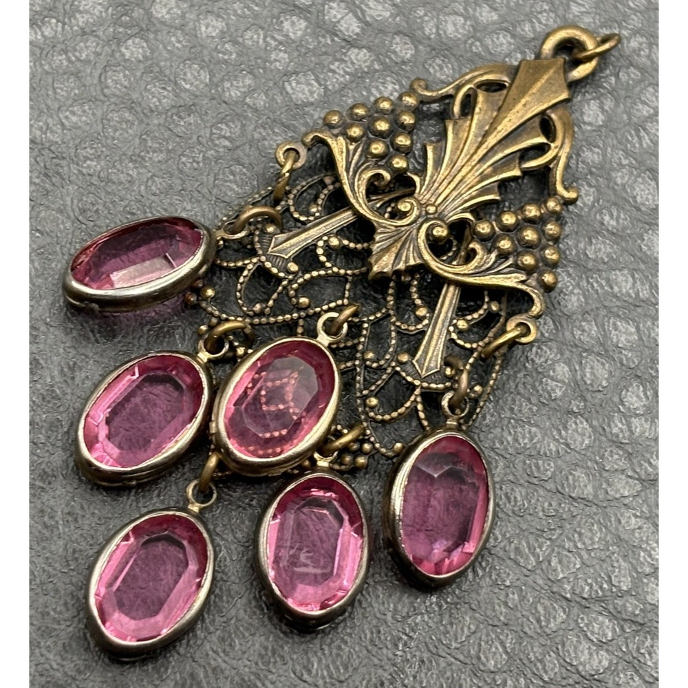 VTG Nouveau Revival Brass Tone Crystal Station Pendant Filigree Chandelier Style